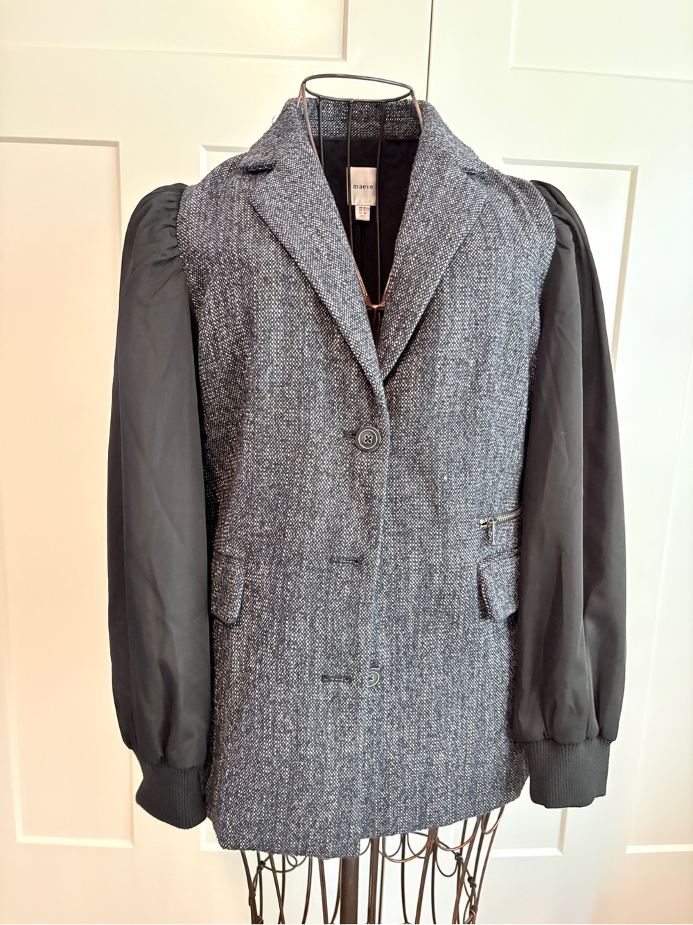 Maeve Oversized Gray Tweed Blazer with Black Puff Sleeves